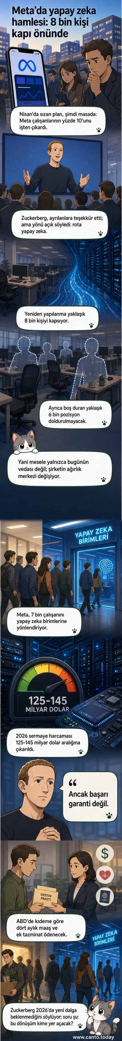 Meta logosu önünde düşünceli bir çalışan, arka planda yapay zeka ikonları ve azalan iş grafikleri.