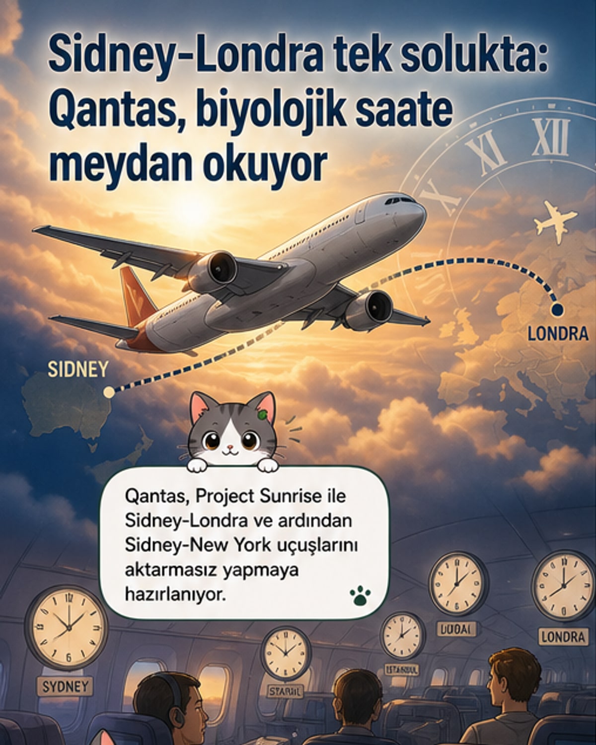 Qantas'ın 'Project Sunrise' projesi için tasarlanan, biyolojik saati dikkate alan uzun menzilli bir yolcu uçağının kabin içi görünümü. Loş, dalgalı ışıklar ve geniş koltuklar dikkat çekiyor.