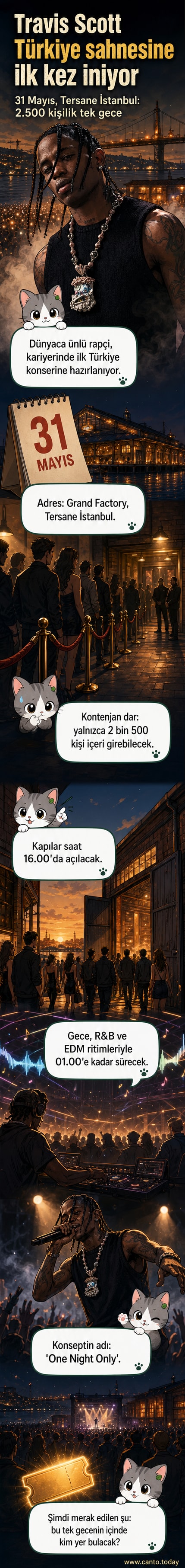Travis Scott sahne performansı için ışıklı bir sahneye hazırlanıyor, arka planda İstanbul manzarası var