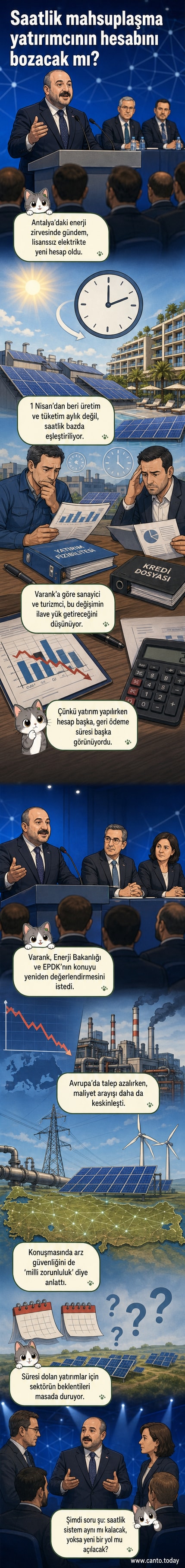 Türkiye haritası üzerinde enerji sembolleri ve saat göstergesiyle saatlik mahsuplaşma tartışması anlatılıyor.