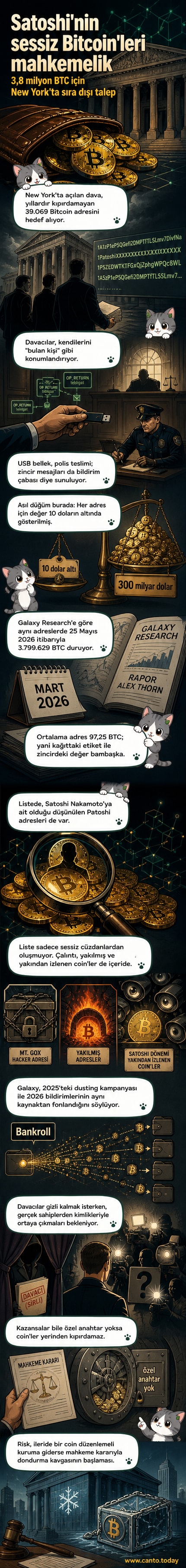 Karanlık bir arka plana yerleştirilmiş Bitcoin simgesi, ortasında mahkeme balyozu ve zincirlerle birlikte, dijital mülkiyetin hukuki mücadelesini temsil ediyor.