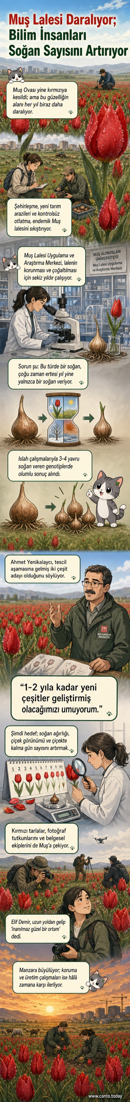 Muş Ovası'nda kırmızı çiçekleriyle açmış Muş laleleri, arka planda dağlar ve gökyüzü görülüyor.