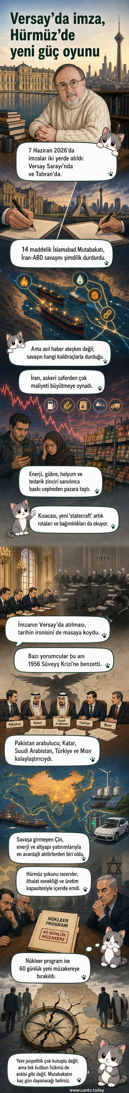 Versay Sarayı'nda imzalanan İslamabad Mutabakatı'nın ardından dünya haritası üzerinde enerji hatları ve tedarik zincirleriyle yeni jeopolitik dengeleri gösteren görsel.