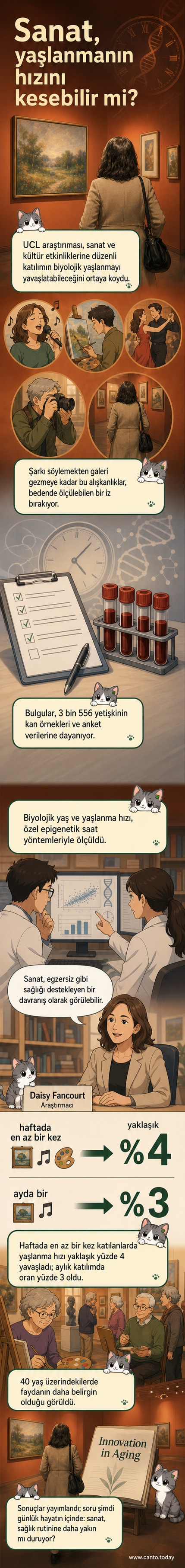 Bir yetişkin elinde fırça ile tuvale boyama yaparken, arka planda yaşlanma sürecini gösteren bir DNA modeli görülüyor.