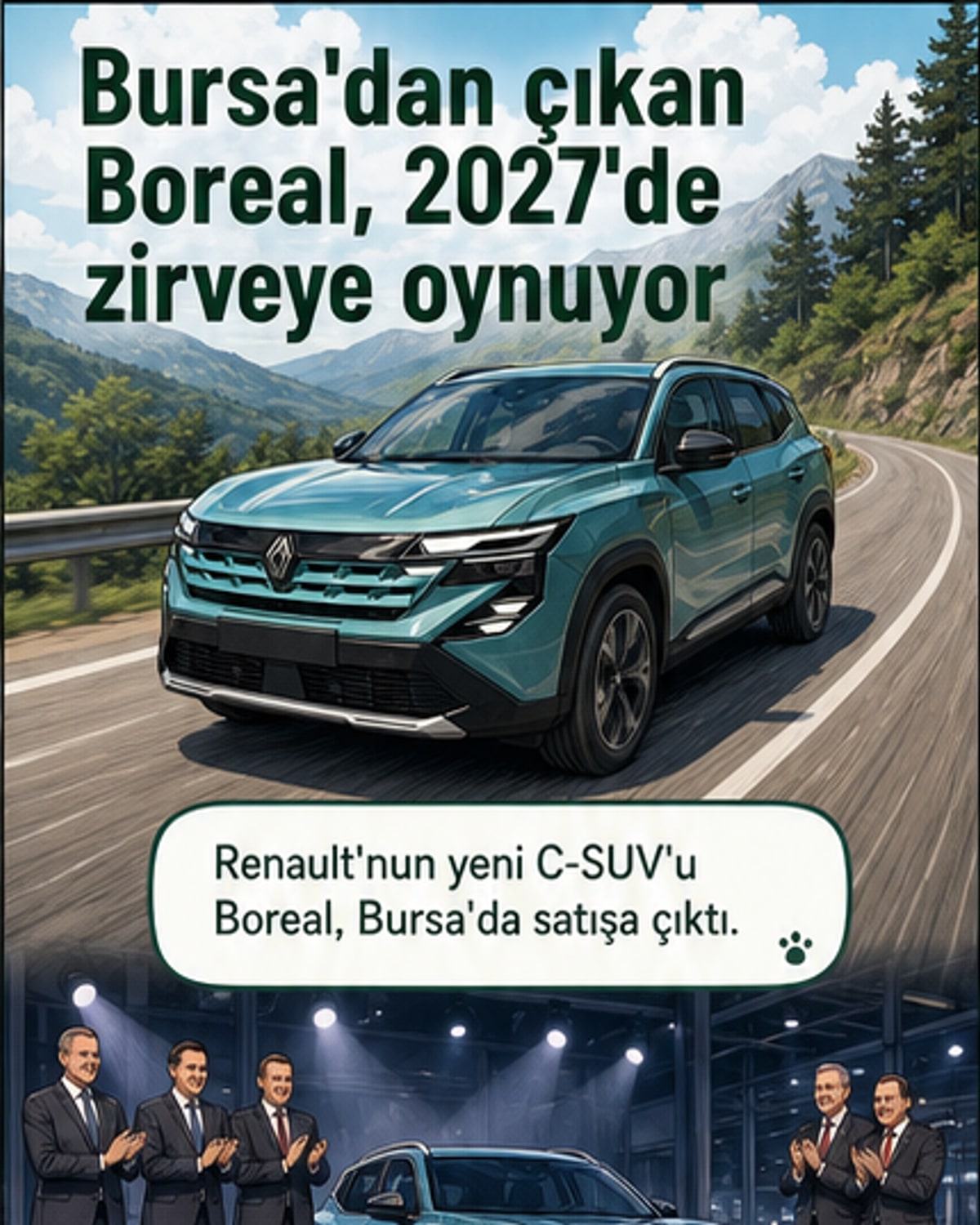 Renault Boreal, Bursa'daki OYAK Renault fabrikasında üretilen yeni C-SUV modeli. Gri renkli aracın ön ve yan görünümü, modern tasarım ve büyük jantları dikkat çekiyor.