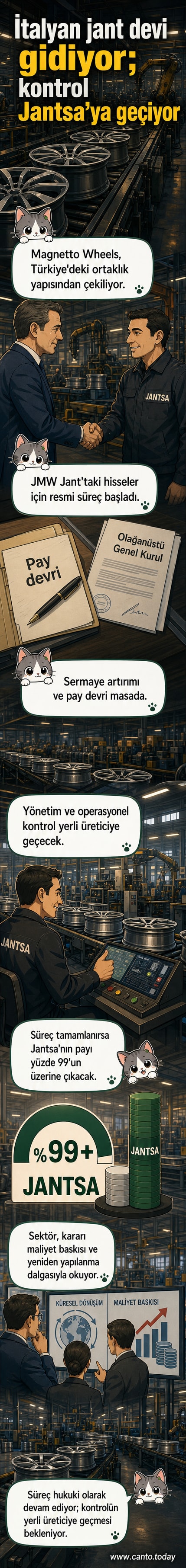 İtalyan jant üreticisi Magnetto Wheels'ın JMW Jant'taki hisselerini Jantsa'ya devrettiği ve Türkiye'den çekildiği bir webtoon haber.
