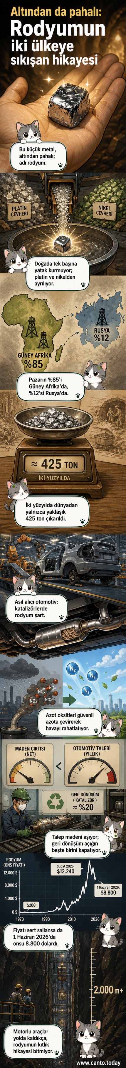 Rodyum metalinin küresel üretimi ve kullanım alanlarını gösteren görsel: Güney Afrika ve Rusya baskın, otomotiv sektörü ana tüketici