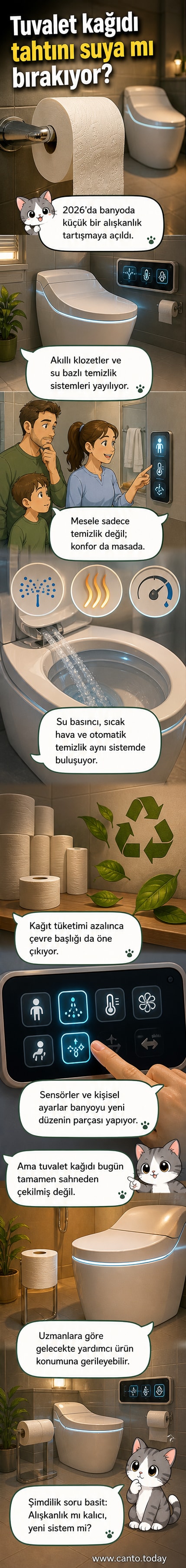 Modern bir akıllı klozet, su püskürtme ve kurutma fonksiyonlarıyla tuvalet kağıdına alternatif sunuyor.