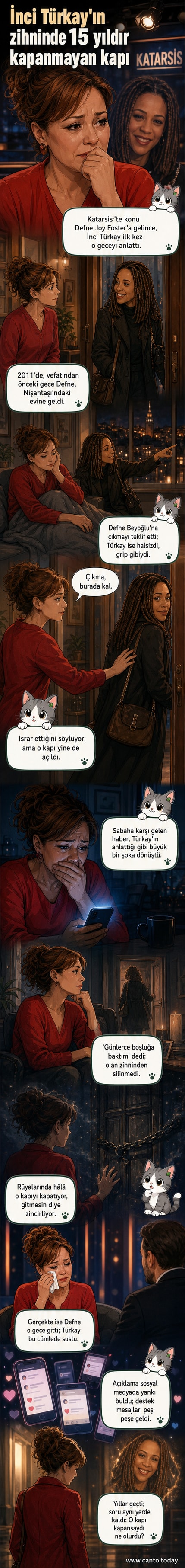 İnci Türkay, bir televizyon programında oturmuş, duygusal bir an yaşarken görülüyor. Arka planda Defne Joy Foster'ın fotoğrafı yer alıyor.
