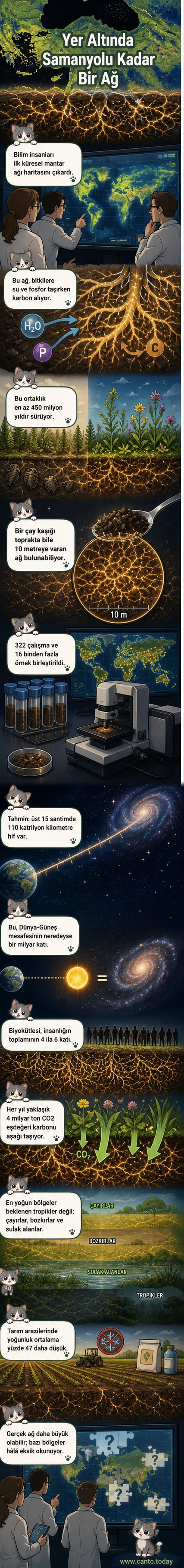 Toprak altında yayılan ince mantar hiflerinin bilgisayar modeli, Dünya'nın bir kesitinde galaksi ölçeğinde bir ağ gösteriyor.