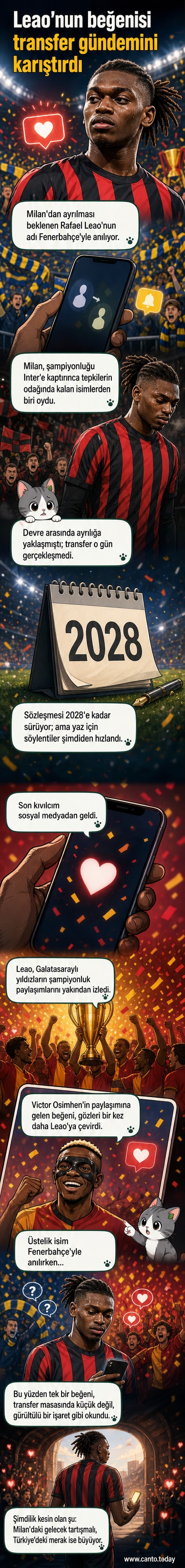 Rafael Leao, Galatasaray'ın şampiyonluk kutlamasını beğendiğini gösteren bir sosyal medya ekran görüntüsüyle bir futbol sahası arka planında.
