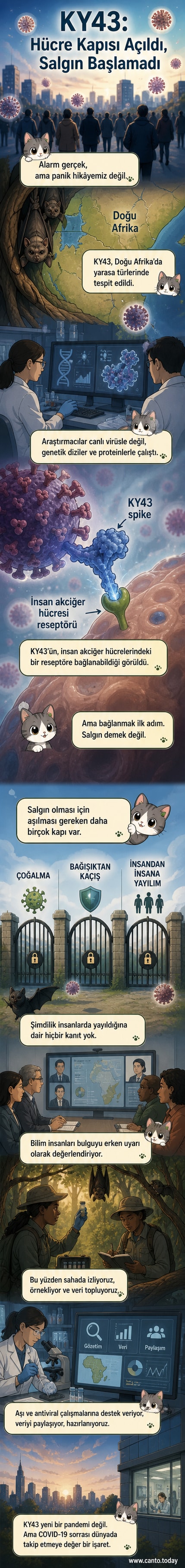 Yarasa simgesi ve mikroskobik virüs partikülleri, insan akciğer hücresine yaklaşırken gösteriliyor. Arka planda laboratuvar ortamı.
