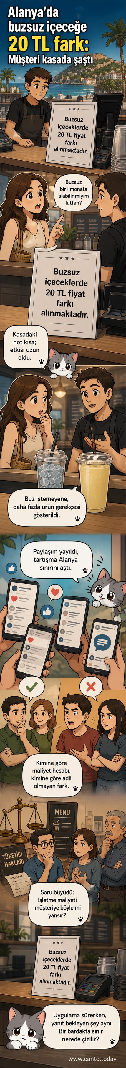 Alanya'da bir kafede, 'Buzsuz içeceklerde 20 TL fiyat farkı alınmaktadır' yazan bir tabela ve bir bardak buzlu içecek.