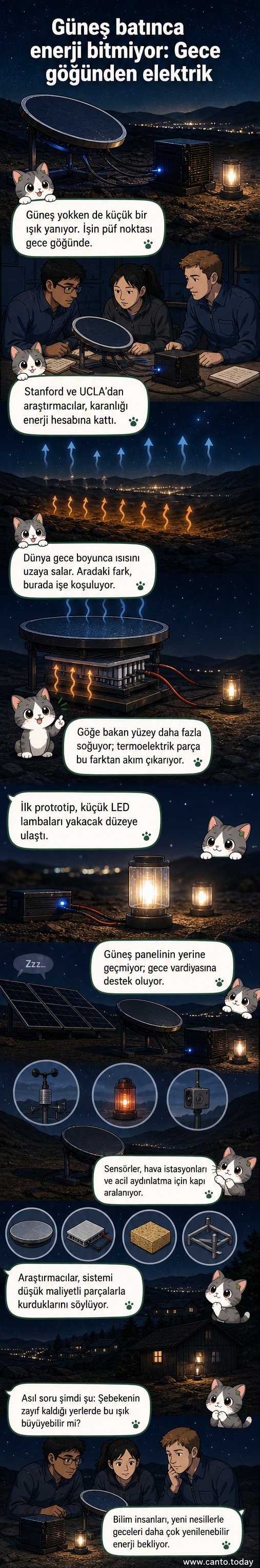 Gece gökyüzüne dönük bir cihaz, radyatif soğuma prensibiyle elektrik üretiyor. Arka planda yıldızlı bir gökyüzü görülüyor.