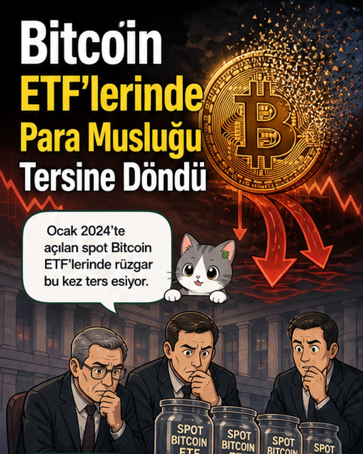 Bitcoin grafikleri ve ETF akışlarını gösteren dijital bir ekran, kırmızı renkli düşüş eğilimleri vurgulanıyor.