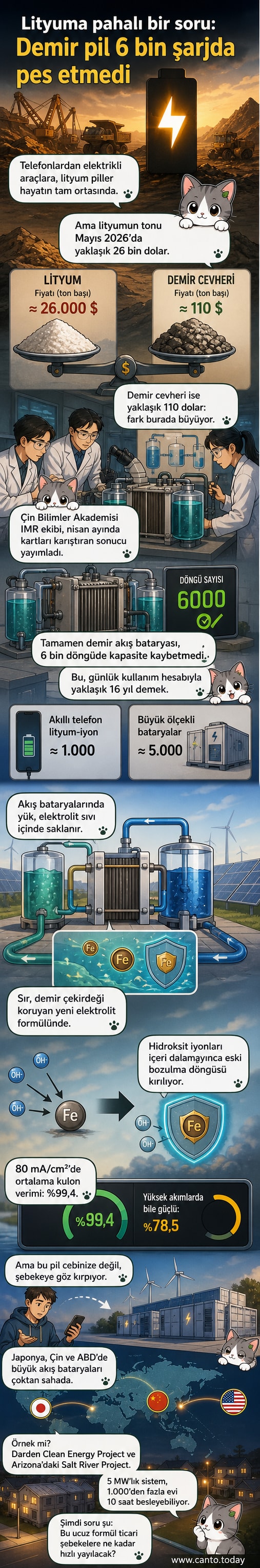 Bir laboratuvarda çalışan bilim insanları, yeni nesil demir akış bataryasının şematik gösterimiyle birlikte çalışıyor. Arka planda grafikler ve kimyasal formüller görünüyor.