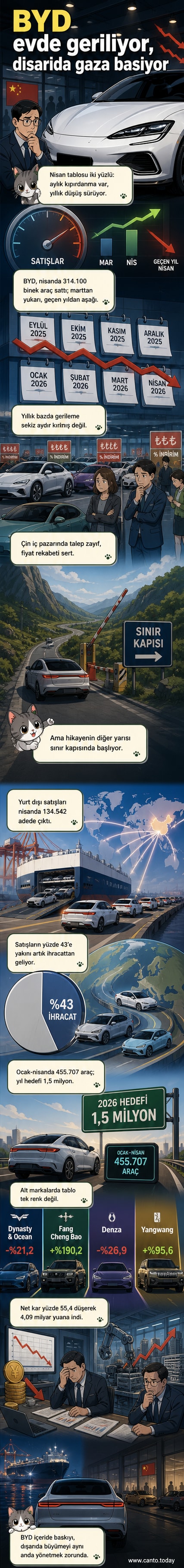 BYD logosu ön planda, arka planda Çin haritası solda düşüş eğilimiyle, sağda dünya haritası üzerinde yükselen ihracat grafiğiyle.