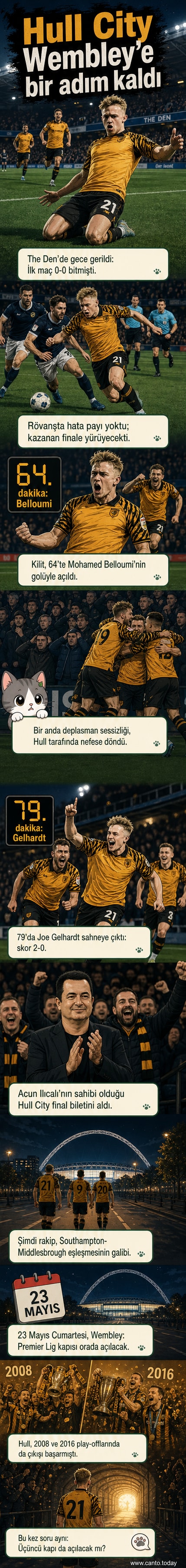 Hull City futbolcuları, The Den Stadı'nda Millwall maçının ardından sevinç içinde.