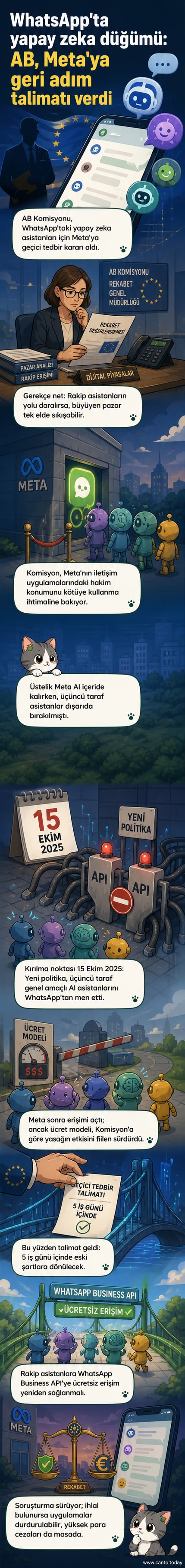 WhatsApp simgesi önünde bir dizi yapay zeka asistanı ikonu duruyor; bir el, bazılarını dışarıda bırakacak şekilde işaret ediyor, arka planda AB bayrağı var.