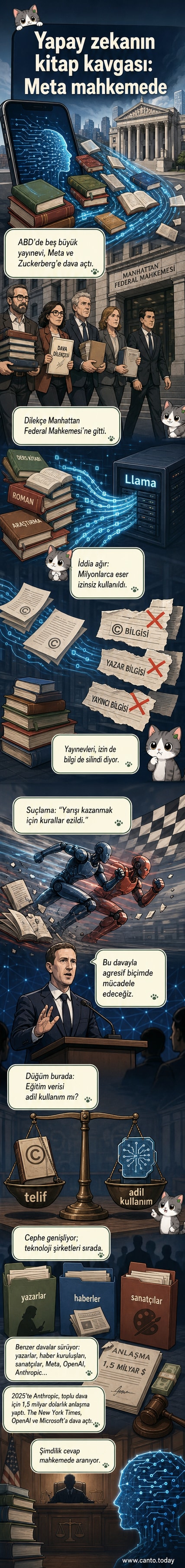 Bir robot elinde bir kitap tutarken, arkasında korsan bayrağı altında dizilmiş kitaplar ve 'Telif İhlali' yazılı bir dava belgesi görülüyor.