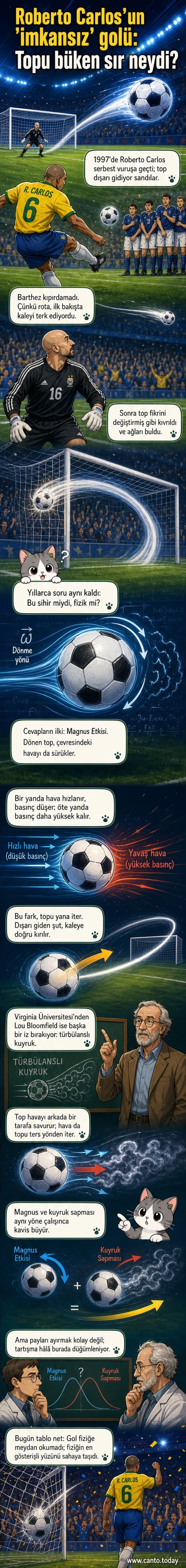 Roberto Carlos'ın 1997'de attığı ve fizik kurallarıyla açıklanan efsanevi serbest vuruşun animasyonlu gösterimi