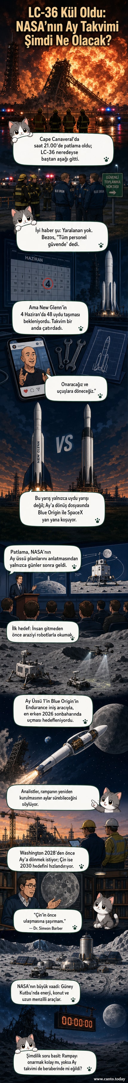 Patlayan bir roketin dumanlı enkazı ve devrilmiş fırlatma kulesi, uzay üssü hayallerinin önünde duruyor.