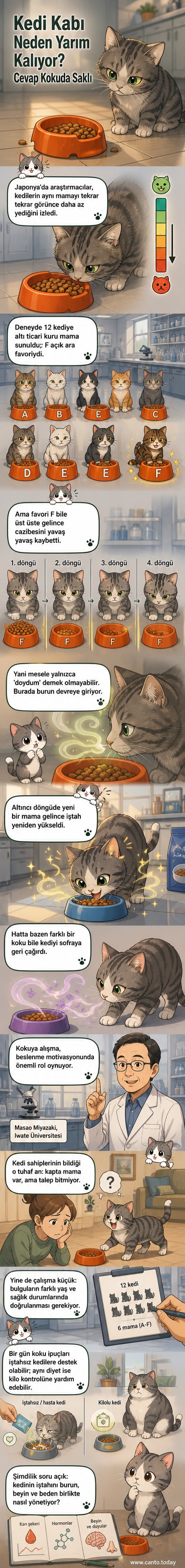 Bir kedi, içinde kuru mama olan kabın yanında duruyor; bir bilim insanı elinde farklı mama paketleriyle yaklaşırken arka planda koku dalgaları simgesel olarak gösteriliyor.