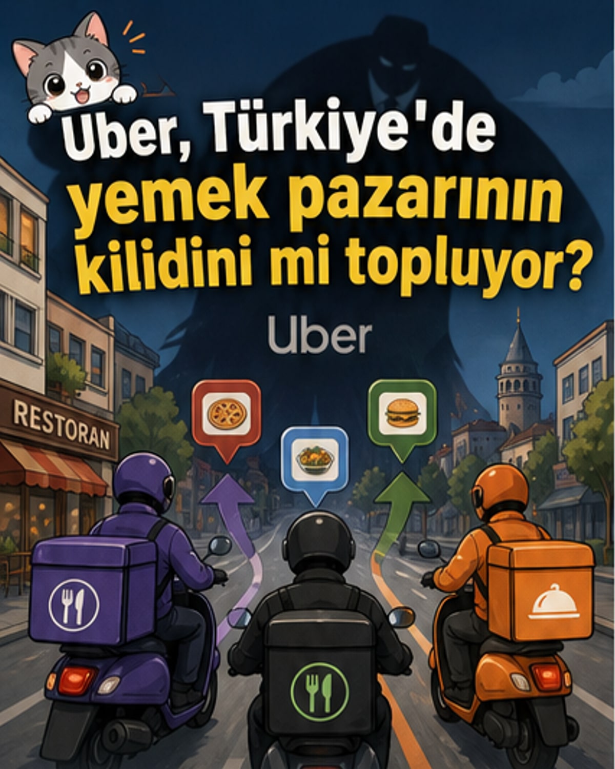 Uber logosu, Türkiye haritası üzerinde yükselen bir grafikle birlikte. Arkada Yemeksepeti ve Getir yemeği simgeleri yer alıyor.