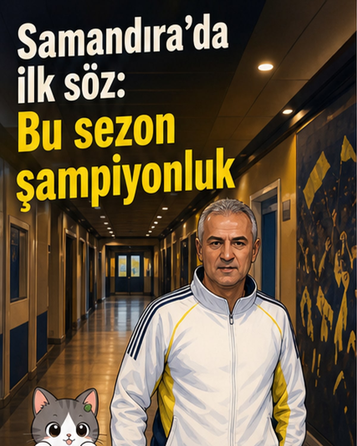 Fenerbahçe Teknik Direktörü İsmail Kartal ve futbolcu Vedat Muriqi, Samandıra'da bir araya gelirken el sıkışıyor. Arkalarında Fenerbahçe forması ve kulüp logosu yer alıyor.