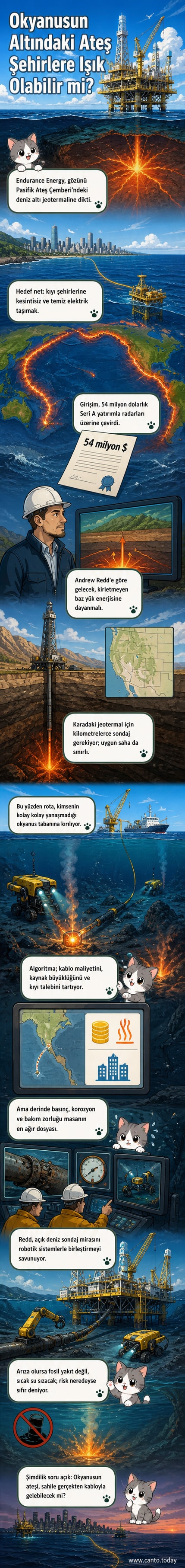 Deniz altı jeotermal enerji platformu, okyanus tabanındaki magma kaynaklarından enerji üretiyor.