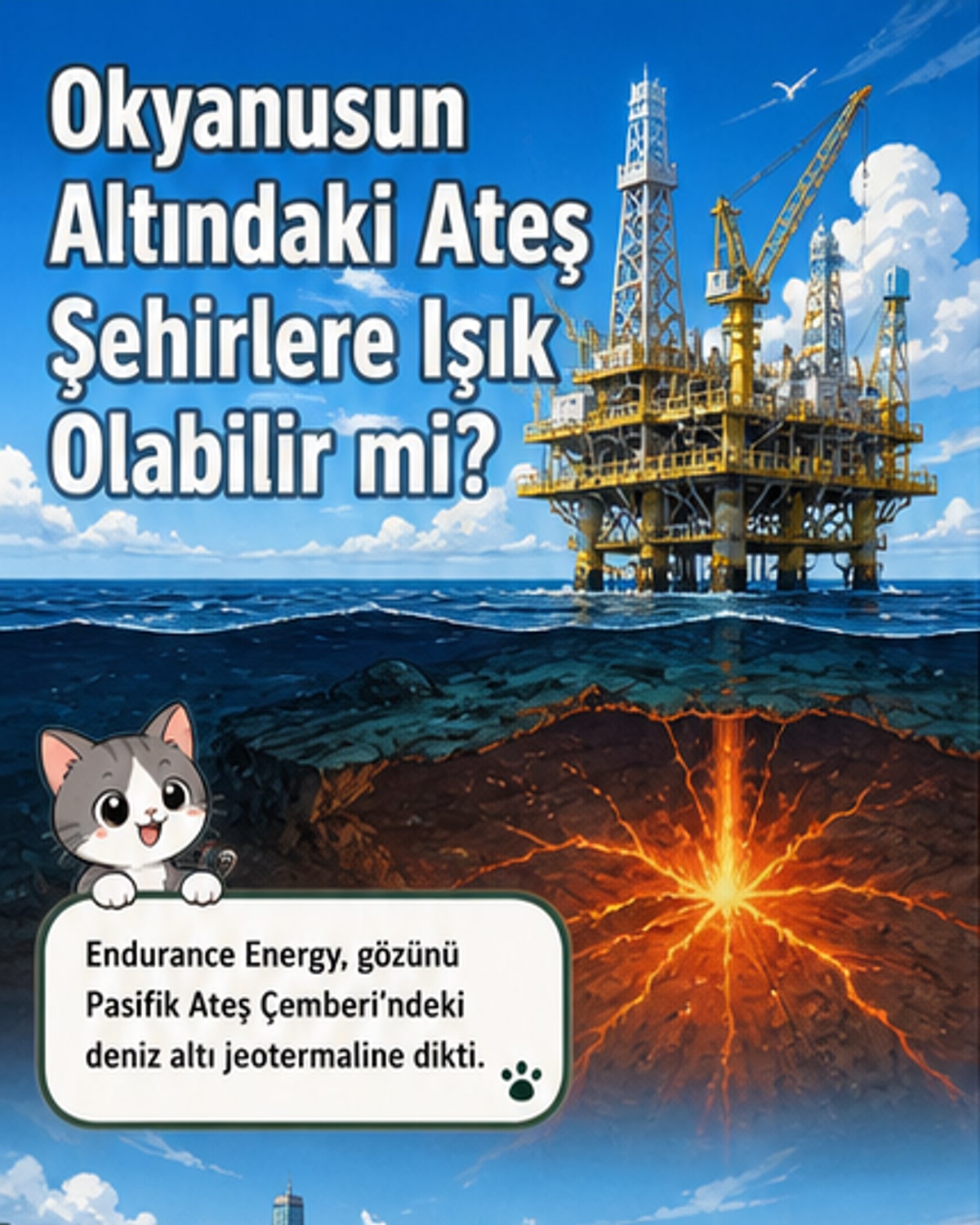 Deniz altı jeotermal enerji platformu, okyanus tabanındaki magma kaynaklarından enerji üretiyor.