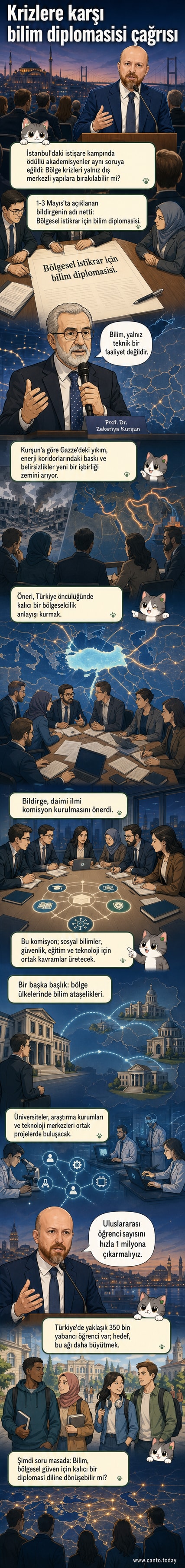 İstanbul'da düzenlenen bilim diplomasisi istişare kampında akademisyenlerin yer aldığı bir toplantı sahnesi, ön planda bildirgeyi açıklayan Prof. Dr. Zekeriya Kurşun.