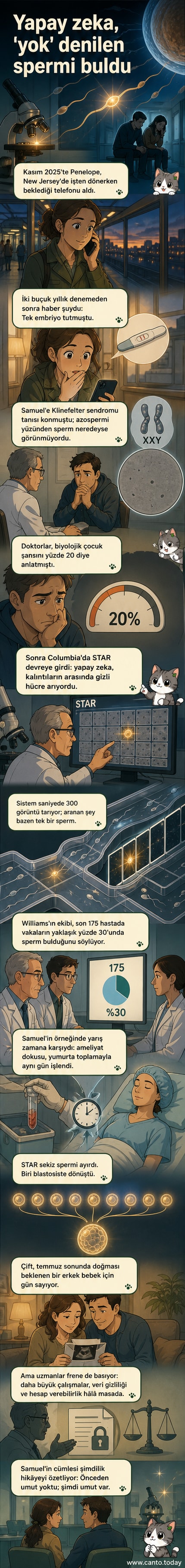 Yapay zeka destekli bir mikroskop ekranında spermleri arayan bir sistem gösteriliyor; arka planda hücre görüntüleri ve veri analiz grafikleri var.