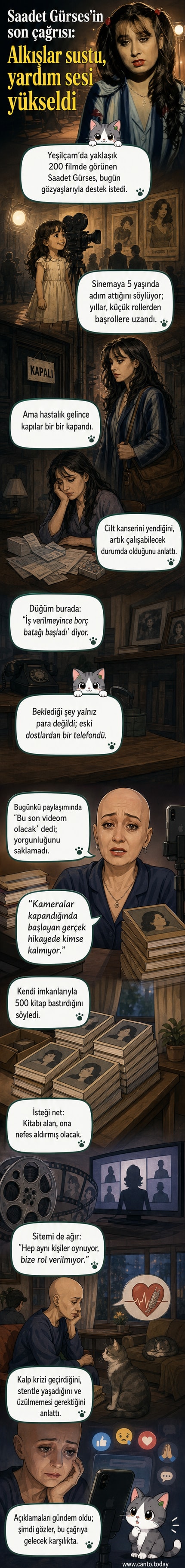 Saadet Gürses, saçları olmayan bir şekilde duygusal bir video paylaşımı yapıyor, elinde bir kitap tutuyor.