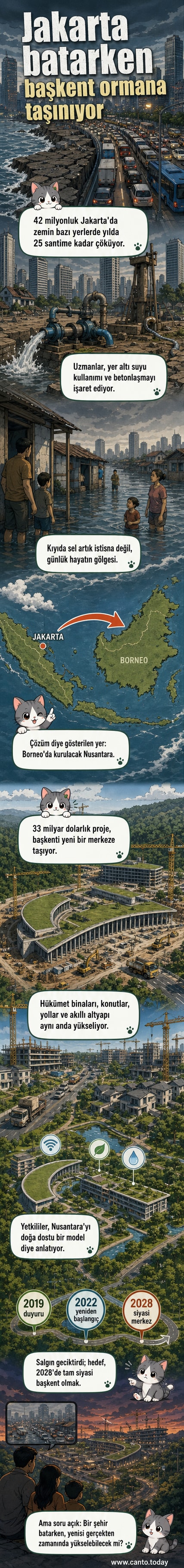 Batmakta olan Jakarta şehri ve Borneo ormanlarında inşa edilmekte olan yeni başkent Nusantara'nın görsel karşılaştırması
