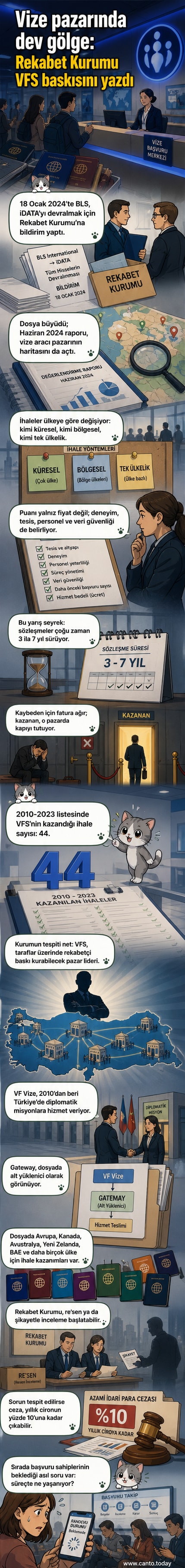 Bir dünya haritası üzerinde Türkiye ve VFS'nin hizmet verdiği ülkeler işaretlenmiş, yanında 44 ihale simgesi yer alıyor
