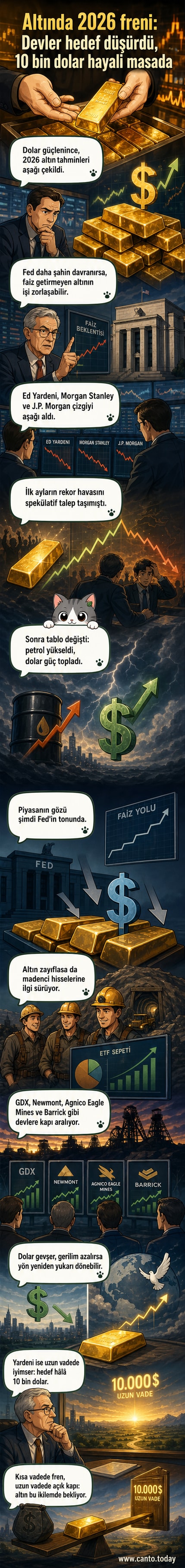 Altın çubukları ve grafiklerle çevrilmiş bir masa, üzerinde dolar sembolleri ve düşen bir eğilim grafiği yer alıyor.