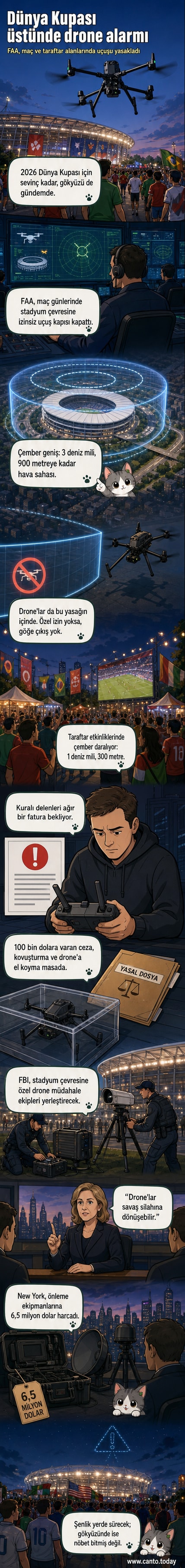 2026 FIFA Dünya Kupası stadyumu üzerinde drone izleme ekipleri ve uyarı işaretleriyle güvenlik önlemleri gösteren görsel