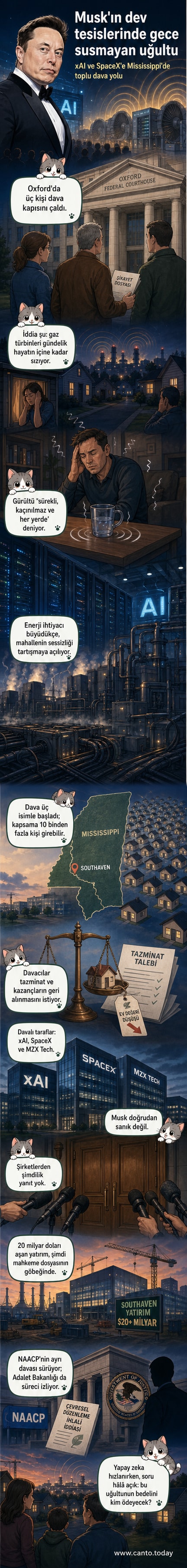 Mississippi'deki bir veri merkezi etrafında yaşayanlar, gürültü nedeniyle hukuki süreç başlattı. Görselde evlerin yakınında çalışan büyük gaz türbinleri ve bunlardan etkilenen sakinler görülüyor.