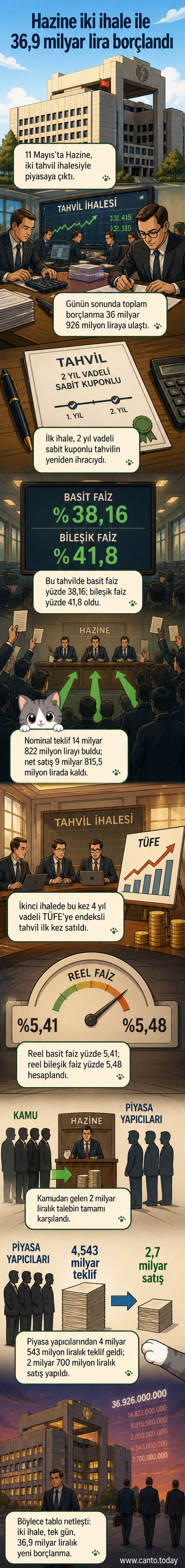 Hazine'nin iki ayrı devlet tahvili ihalesiyle 36,9 milyar lira borçlanması görsel bir akışla anlatılıyor.