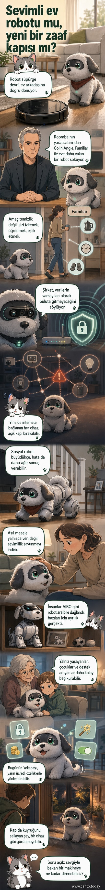 Tüylü, köpeğe benzeyen bir ev robotu, sahibinin ayaklarının dibinde oturuyor. Arka planda ev ortamı görülüyor.