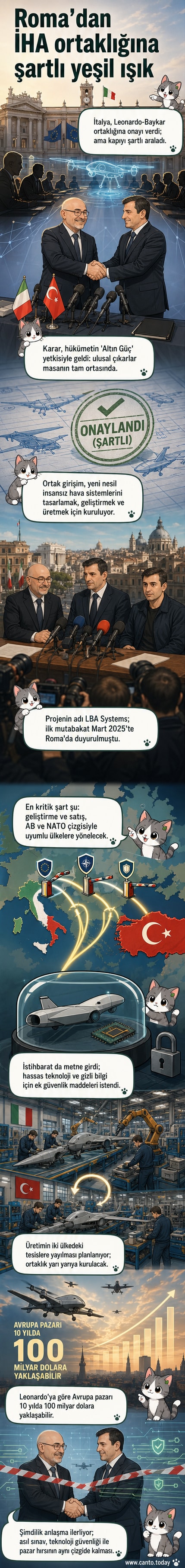 İtalya ve Türkiye bayraklarının üzerinde uçan bir insansız hava aracı, arka planda Leonardo ve Baykar şirket logoları yer alıyor.