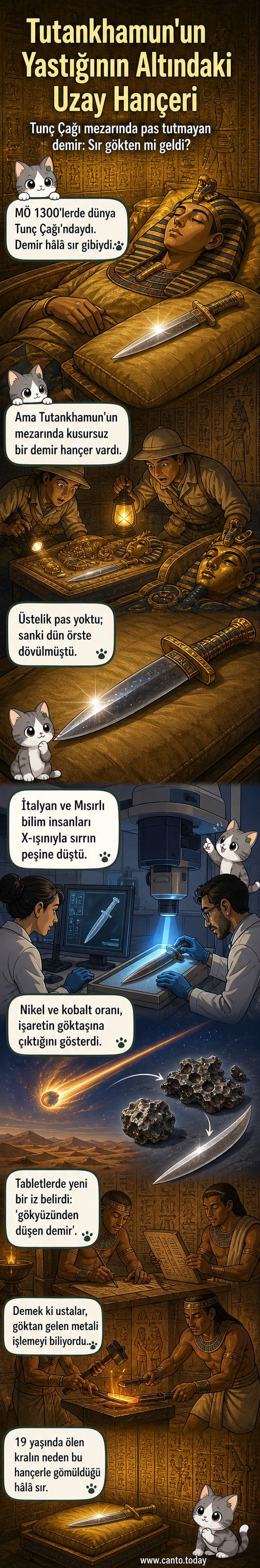 Antik Mısır tarzı bir arka planda, parlak bir hançer uzaydan düşen bir göktaşıyla birleşiyor, arkeologlar etrafta çalışıyor.