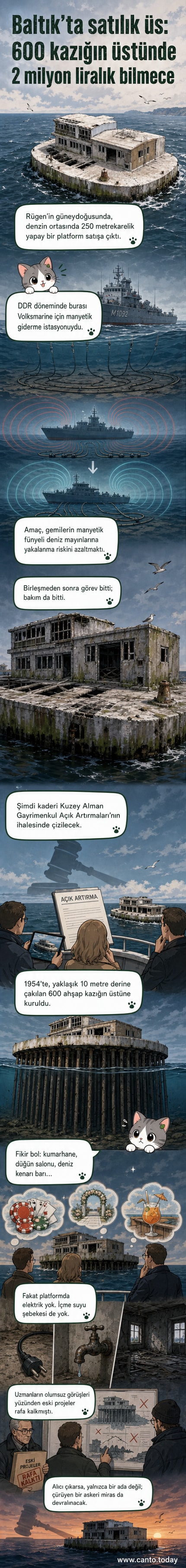 Baltık Denizi'nde 600 ahşap kazık üzerine inşa edilmiş, bakımsız haldeki eski bir Doğu Almanya askeri üssü. Üst yapı harap durumda, deniz manzarasında tek başına yükseliyor.