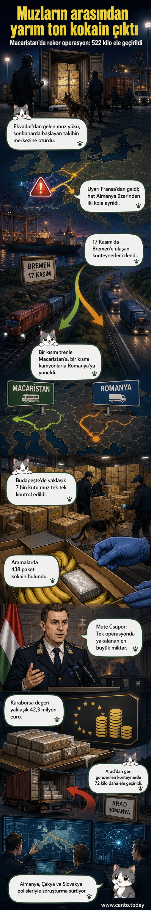 Bir liman sahnesinde muz kasaları arasından çıkan büyük miktarda paketlenmiş kokain gösteriliyor, arka planda polis ve yetkililer bulunuyor.