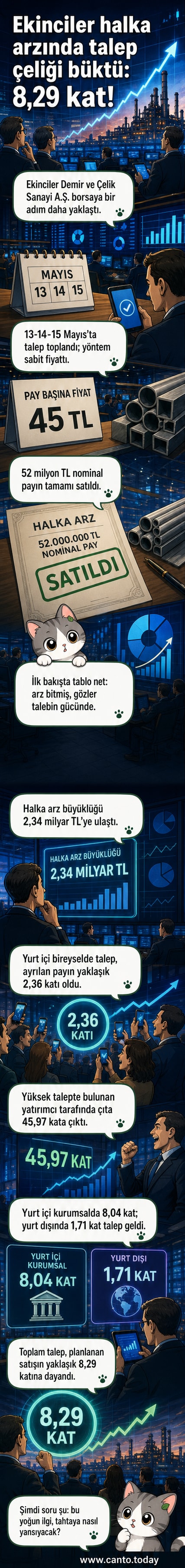 Ekinciler Çelik'in halka arzında yatırımcıdan yoğun talep gelmesini gösteren görsel: grafikler ve hisse sembolüyle birlikte şirket logosu