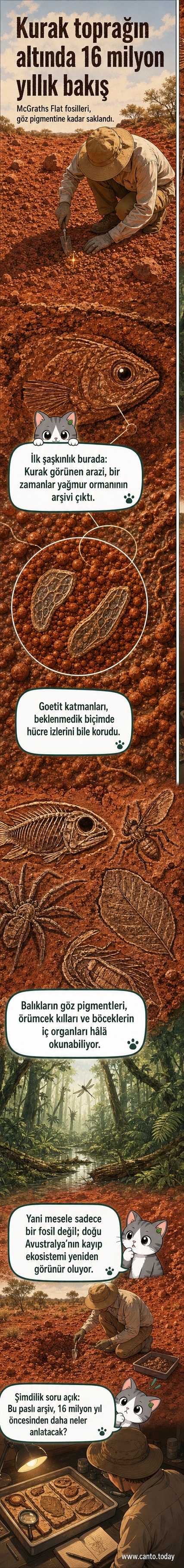 Kurak bir tarım arazisinin altında, demirli toprak içinde 16 milyon yıllık fosillerin detaylı yapısı gösteren görsel.