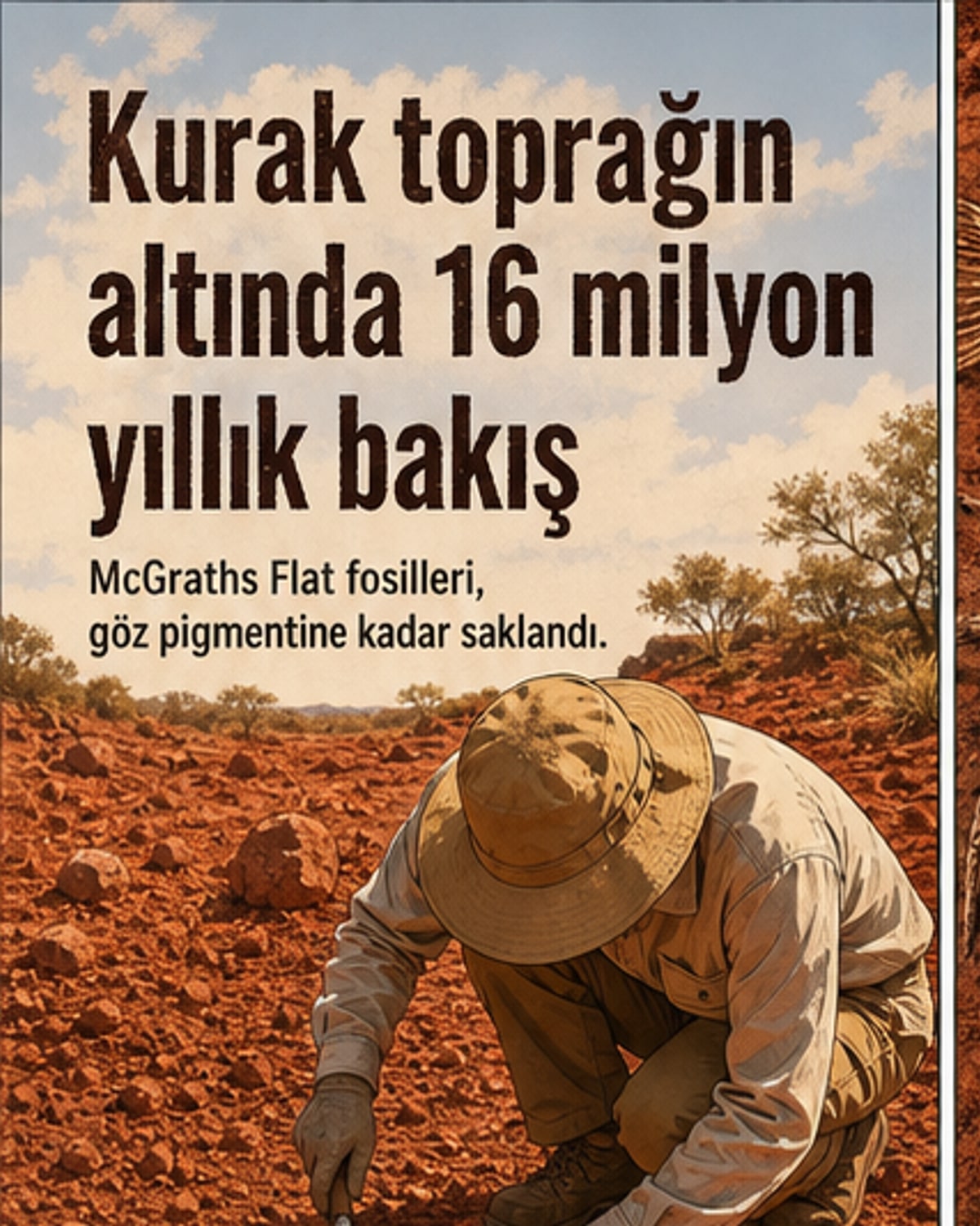 Kurak bir tarım arazisinin altında, demirli toprak içinde 16 milyon yıllık fosillerin detaylı yapısı gösteren görsel.