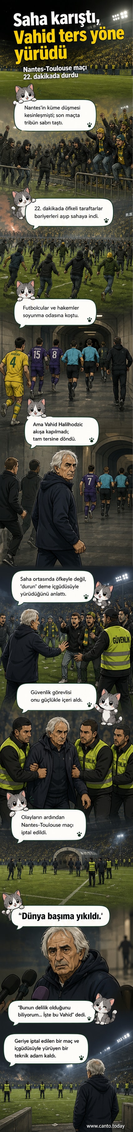 Yaşlı bir teknik direktör, sahaya giren taraftarlara karşı yürürken, güvenlik görevlisi onu durdurmaya çalışıyor.