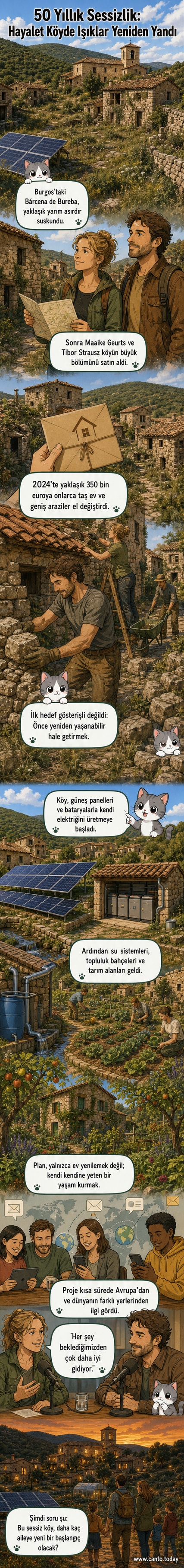 Terk edilmiş taş evlerin surrounded by lush greenery, solar panels on rooftops, and a small community garden in the foreground, showing signs of renewal in a Spanish village.